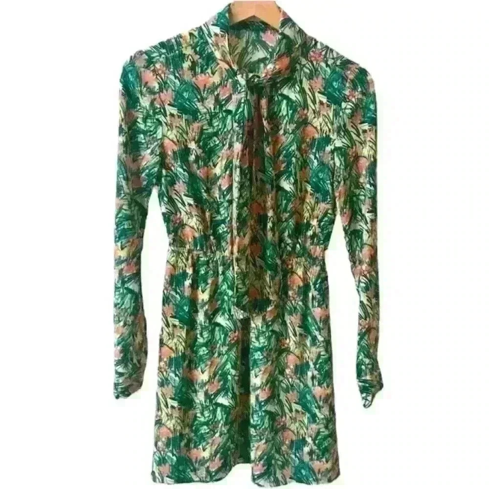 Aritzia Sunday Best Veronica Dress Green Yellow  Long Sleeve Neck Tie Size M - Picture 14 of 14